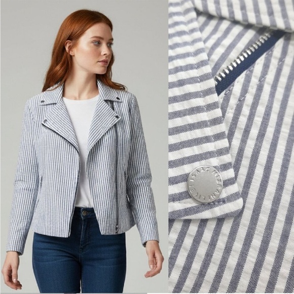Isaac Mizrahi Jackets & Blazers - Isaac Mizrahi Live! Bold edgy Seersucker Motorcycle Jacket Gray White Lined 18W
